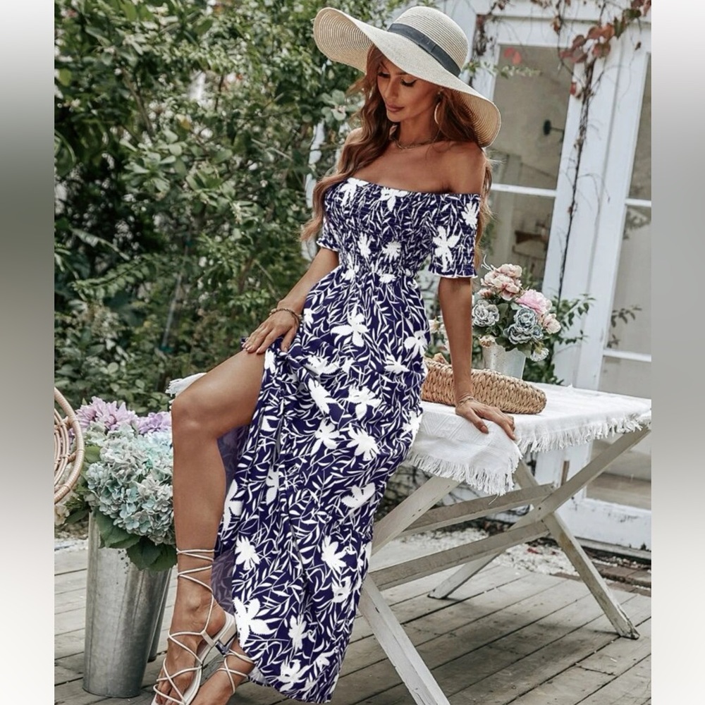 Allover Floral Print Shirred Off Shoulder Slit Ruffle Hem Dress Blue and White